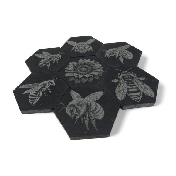Hexagon BEE TILES Set of 7 Engraved Bees and Flower 3" Mosaic Tile - Picture 9 of 11